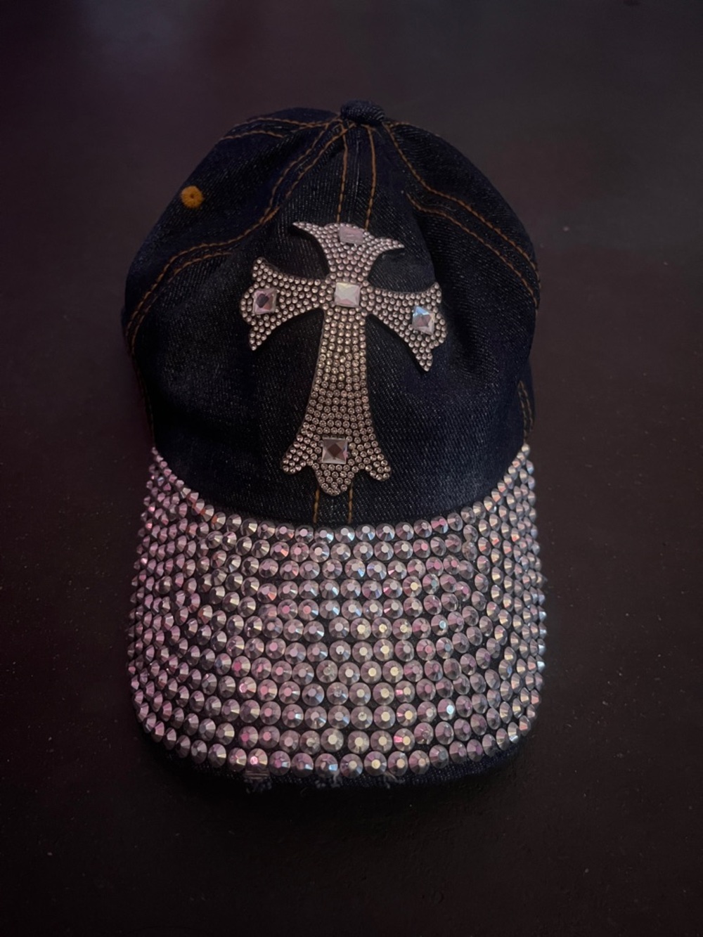 Crystal Cross Studded Denim Cap Hat mcbling Y2K